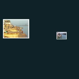 A scenic view of the ghats in Varanasi, India, displayed in two sizes against a dark background