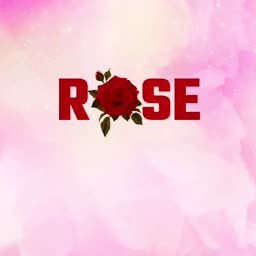 A red rose flower integrated into the word ROSE over a soft pink watercolor background