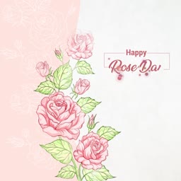 A beautiful Happy Rose Day greeting card featuring elegant hand-drawn pink roses and green leaves on a soft pastel background