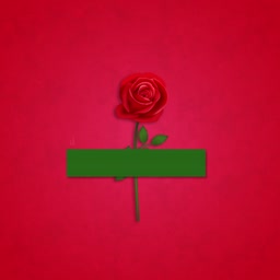 A single red rose on a red background with a green rectangular placeholder for text