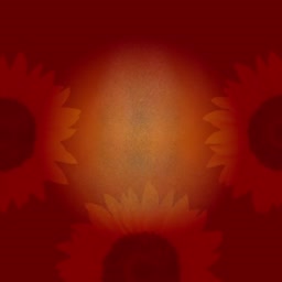 Dark red background featuring three abstract floral sunburst patterns with a central golden glow