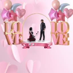 A woman kneeling to propose to a man inside a golden arch with pink balloon decorations
