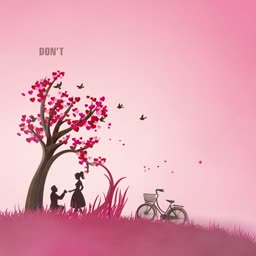 A man proposing to a woman under a tree with heart-shaped leaves on a pink background with a bicycle nearby