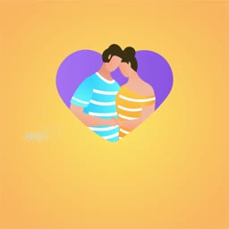 A stylized illustration of a couple embracing inside a purple heart on a warm yellow gradient background.