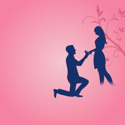 A man kneeling to propose marriage to a woman against a pink background with floral silhouettes