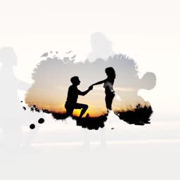 A man on one knee proposing to a woman during a sunset, presented within an artistic watercolor-style silhouette cutout.