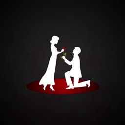 A white silhouette of a man proposing to a woman on one knee with a small rose on a dark background.