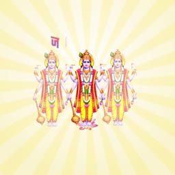 Three depictions of Lord Vishnu with a yellow sunburst background