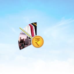 An abstract graphic featuring a pie chart segment with fashion and city imagery next to a gold Indian Rupee coin against a blue sky.