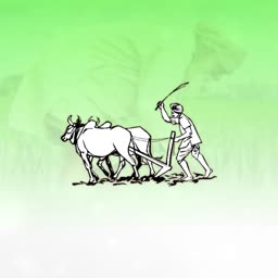 A line art illustration of an Indian farmer plowing a field with two oxen