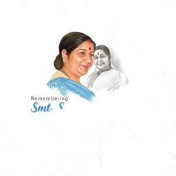 An artistic digital portrait and sketch of Smt. Sushma Swaraj on a white background with text Remembering Smt.