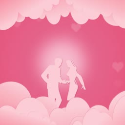 A paper-cut style illustration of a romantic couple dancing amidst pink clouds and hearts
