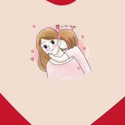 A cute watercolor-style illustration of a mother and daughter hugging, surrounded by floating hearts with the text 'LOVE MOM'