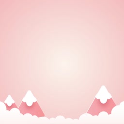 A minimalist paper-cut style illustration of snow-capped mountains against a soft pink gradient background