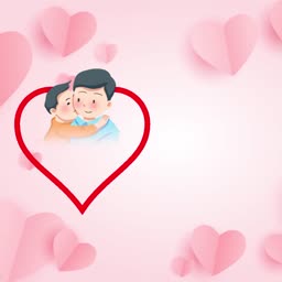 A cartoon illustration of a young boy hugging his father inside a red heart frame on a pink background with floating paper hearts.