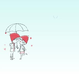 A whimsical illustration of a couple wearing red hats standing under an umbrella with small hearts floating around them on a light blue background.