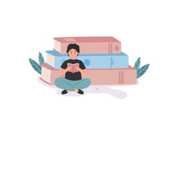 A cartoon illustration of a boy sitting cross-legged while reading a book in front of a large stack of books.