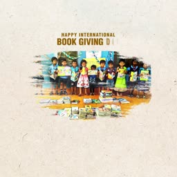 A group of young children holding books in front of stacks of books for International Book Giving Day