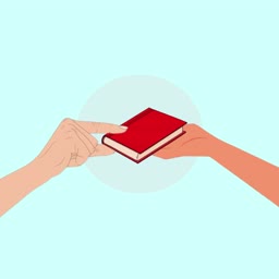 An illustration of one person handing a red book to another person