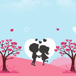 A romantic illustration of a couple kissing under a large heart silhouette between two trees decorated with heart-shaped leaves.