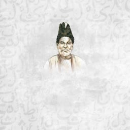 A detailed illustration of the renowned Urdu poet Mirza Ghalib set against a backdrop of subtle Urdu calligraphy.