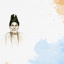 A watercolor portrait of the famous Urdu poet Mirza Ghalib on a textured paper background with light blue and orange watercolor accents.