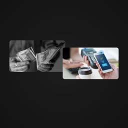 A comparison image showing physical cash handling alongside digital mobile payment at a point of sale terminal