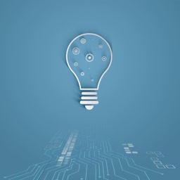 A white outline of a lightbulb with mechanical gears inside, placed above a digital circuit board background.