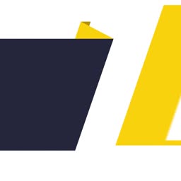 An abstract graphic featuring dark blue trapezoid shapes and bright yellow angular accents.