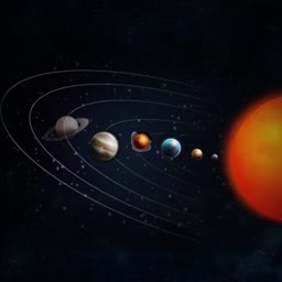 Artistic depiction of several planets orbiting a bright orange sun in deep space