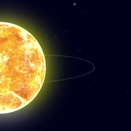 A vibrant yellow sun glowing in the dark expanse of space with an orbital path visible