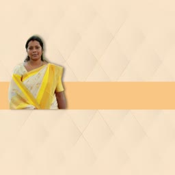 An Indian woman wearing a traditional cream and yellow Kerala Kasavu saree against a soft beige quilted background.