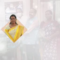 A woman wearing a yellow and white saree framed in a diamond shape with a faded background of people