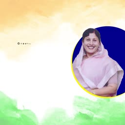 A woman in a pink traditional outfit against a backdrop with the colors of the Indian flag