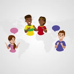 An illustration of diverse people from different cultures communicating with speech bubbles against a light grey world map background.