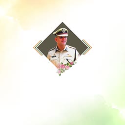 An Indian police officer portrait framed in a diamond shape with floral accents