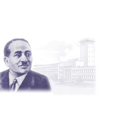 A monochromatic illustration featuring a man's portrait alongside a historic architectural building