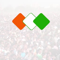 Three diamond-shaped icons colored orange, white, and green representing the Indian flag colors over a faded crowd background