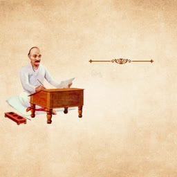 Mahatma Gandhi sitting on the floor at a small wooden desk writing on paper against a vintage parchment background