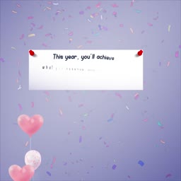 A white note card with motivational text about achieving goals pinned against a purple background with confetti and hearts.