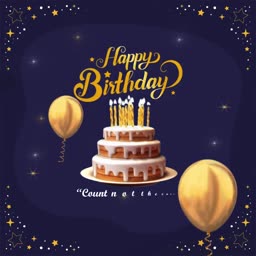 A three-tiered birthday cake with lit candles and gold balloons against a dark blue starry background