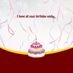 A celebratory birthday greeting card featuring a tiered cake and colorful streamers against a light background with a deep red lower section.