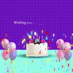 A birthday cake surrounded by balloons and confetti on a purple and teal background