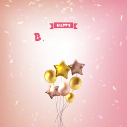 A pink birthday greeting card with gold and rose gold balloons and confetti.