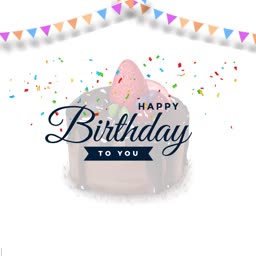 A festive Happy Birthday graphic featuring a chocolate cake with strawberry topping and colorful bunting flags.