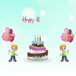 Two cartoon boys holding balloons next to a three-tier birthday cake