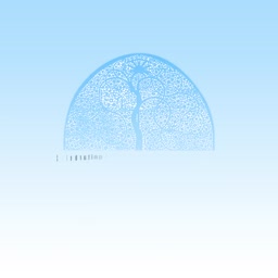 A minimalist blue illustration of a tree of life inside a semi-circle on a light blue gradient background.
