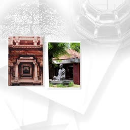 A collage showing the architecture of Adalaj Stepwell and a seated statue of Mahatma Gandhi at Sabarmati Ashram.