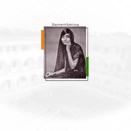 A vintage portrait of Kasturba Gandhi framed in a minimalist design with saffron and green accents