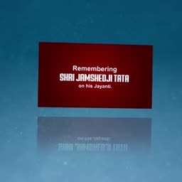 Tribute graphic for Jamshedji Tata featuring a dark red rectangular plaque on a blue gradient background with reflection